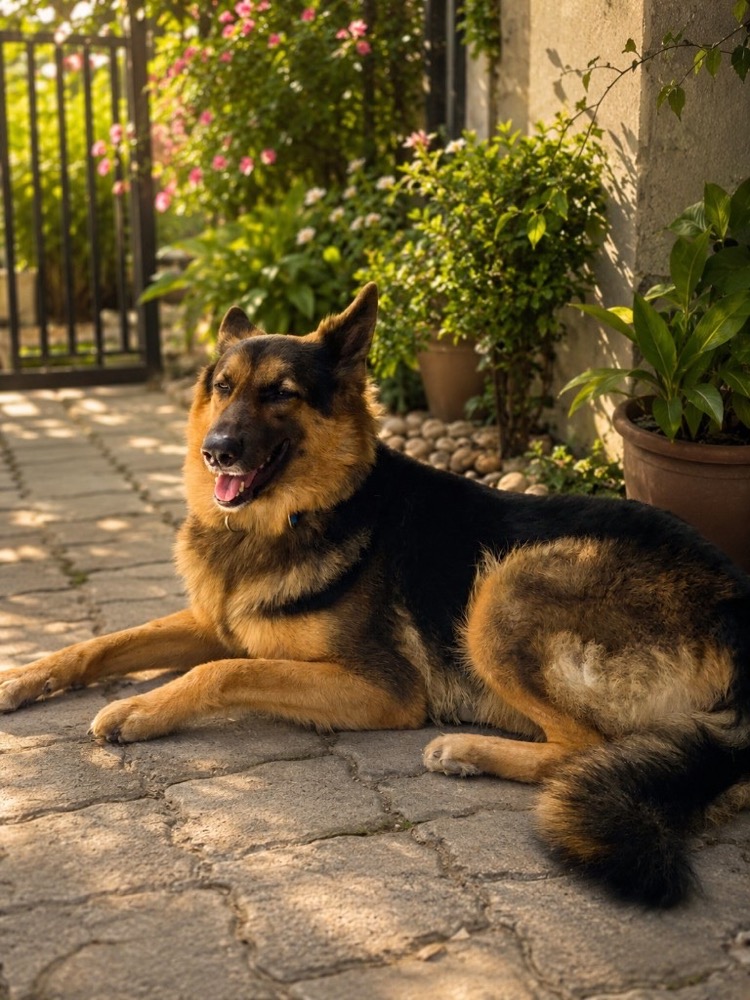 German Shepherd resting outdoors