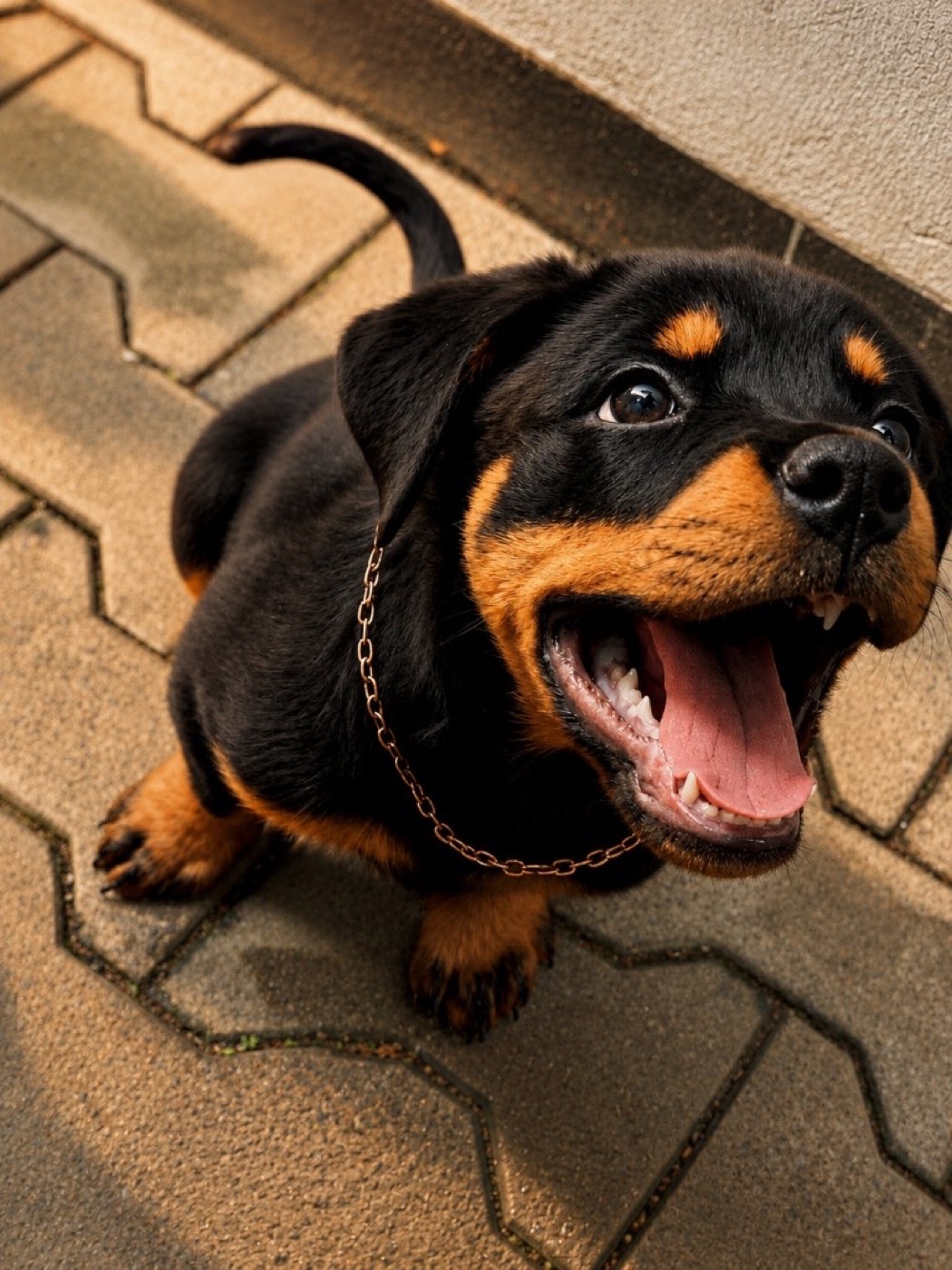 Happy Rottweiler puppy looking up at the camera
