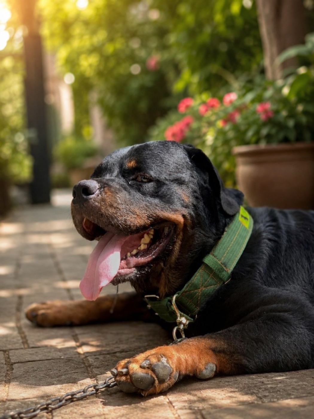 Happy Rottweiler resting outdoors